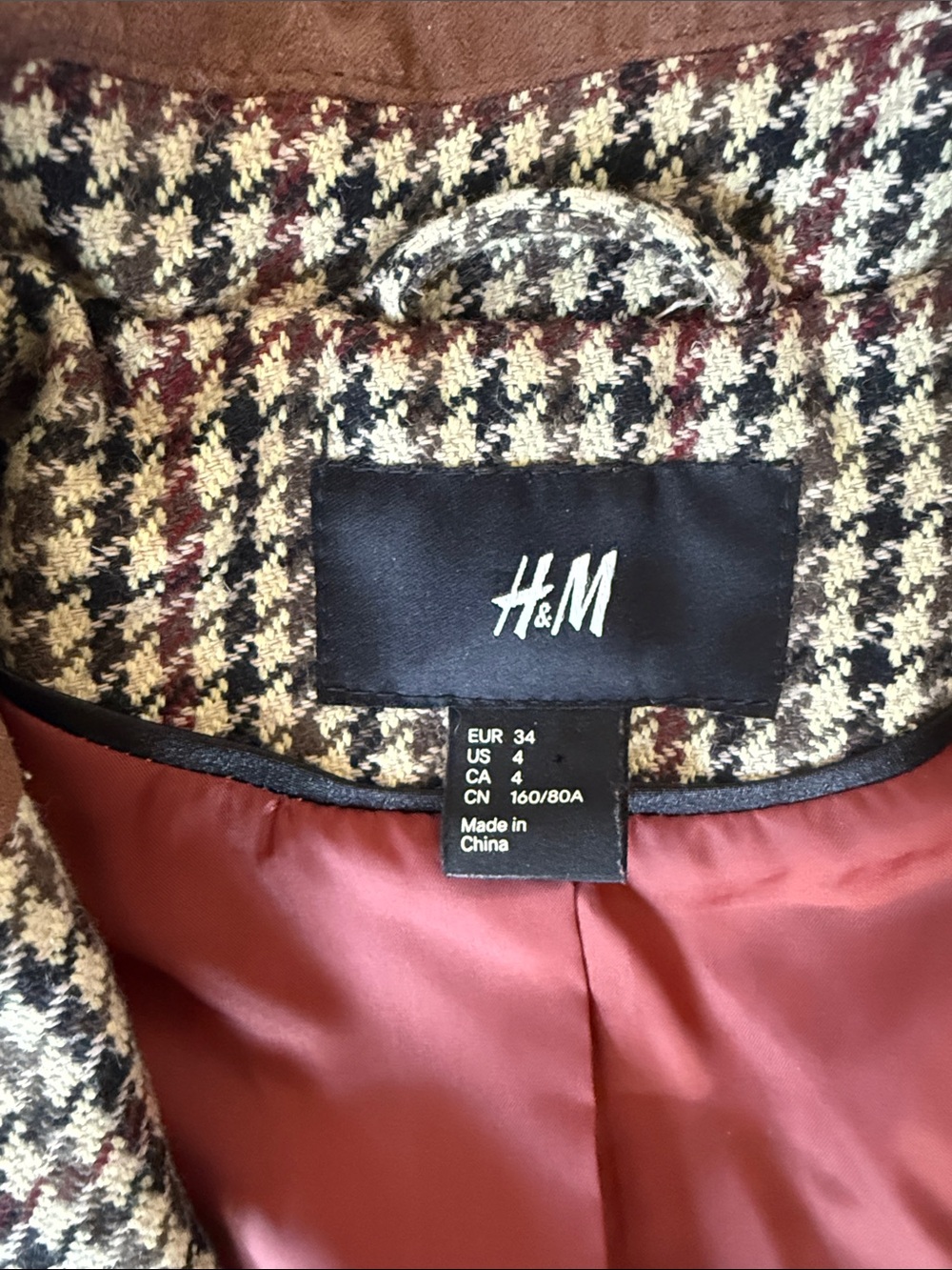 Beautiful H&M Brown Houndstooth Blazer with Burgundy Lining Size 4 - Picture 5 of 8